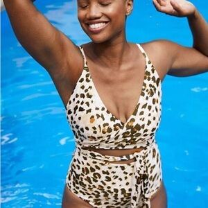 NWOT aerie Cream and Brown Leopard-Print Wrap One-Piece